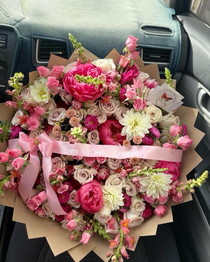 Peony Reverie blush pink peonies and spray roses with satin ribbon